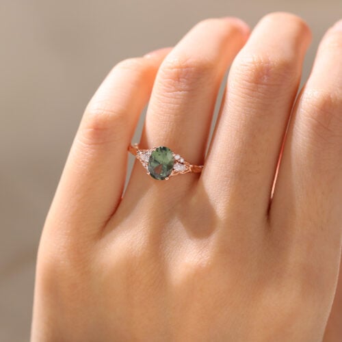 Green Sapphire Rings Rose Gold Oval Engagement Rings Nature Inspired Ring