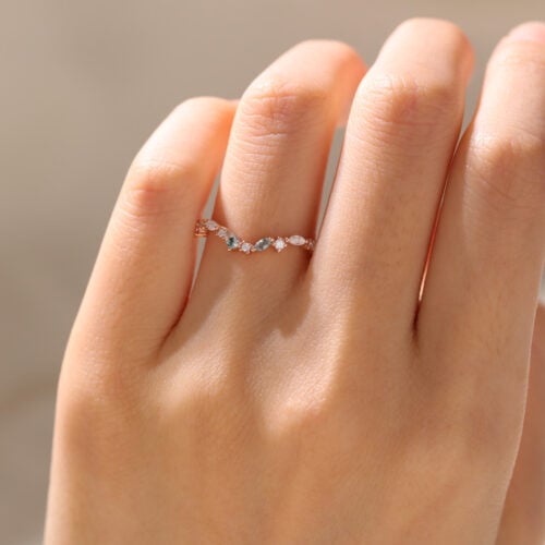Rose Gold Multi-shape Moss Agate & Diamond Rings Curved Stackable Wedding Band