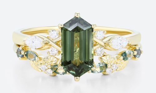 Elongated Hexagon Cut Green Sapphire Engagement Ring Set with Nature-Inspired Band in Yellow Gold