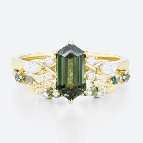 Elongated Hexagon Cut Green Sapphire Engagement Ring Set with Nature-Inspired Band in Yellow Gold