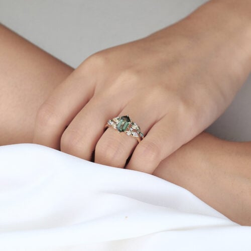 Elongated Hexagon Cut Green Sapphire Engagement Ring Set with Nature-Inspired Band in Yellow Gold