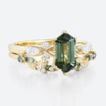 Elongated Hexagon Cut Green Sapphire Engagement Ring Set with Nature-Inspired Band in Yellow Gold