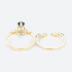 Elongated Hexagon Cut Green Sapphire Engagement Ring Set with Nature-Inspired Band in Yellow Gold
