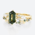Elongated Hexagon Cut Green Sapphire Engagement Ring Set with Nature-Inspired Band in Yellow Gold