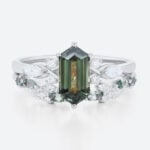 Elongated Hexagon Cut Green Sapphire Engagement Ring Set with Nature-Inspired Band in White Gold