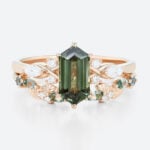 Elongated Hexagon Cut Green Sapphire Engagement Ring Set with Nature-Inspired Band in Rose Gold