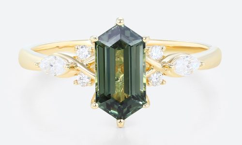 1.4ct Elongated Hexagon Cut Modern Green Sapphire Engagement Ring in Yellow Gold