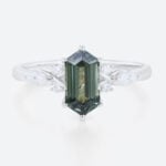 1.4ct Elongated Hexagon Cut Modern Green Sapphire Engagement Ring in White Gold