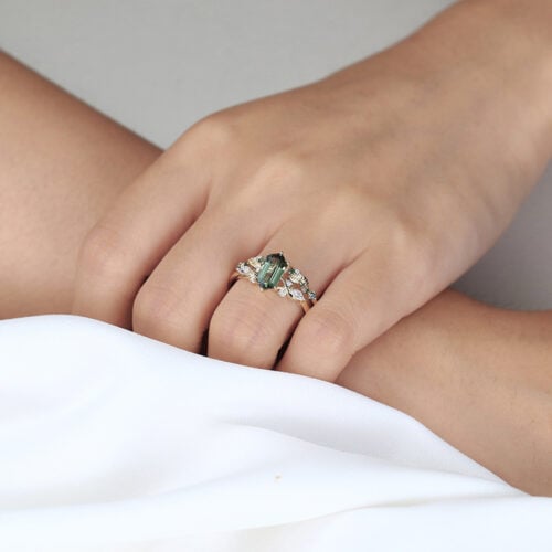 1.4ct Elongated Hexagon Cut Modern Green Sapphire Engagement Ring in Yellow Gold