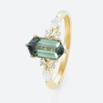 1.4ct Elongated Hexagon Cut Modern Green Sapphire Engagement Ring in Yellow Gold
