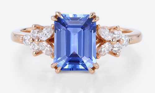 Emerald Cut Cornflower Sapphire Engagement Rings with Floral Design in Rose Gold