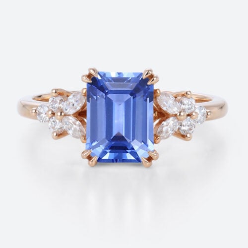 Emerald Cut Cornflower Sapphire Engagement Rings with Floral Design in Rose Gold