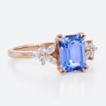 Emerald Cut Cornflower Sapphire Engagement Rings with Floral Design in Rose Gold