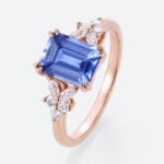 Emerald Cut Cornflower Sapphire Engagement Rings with Floral Design in Rose Gold