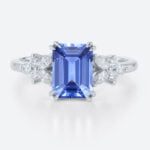 Emerald Cut Cornflower Sapphire Engagement Rings with Floral Design in White Gold
