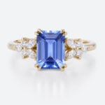 Emerald Cut Cornflower Sapphire Engagement Rings with Floral Design in Yellow Gold