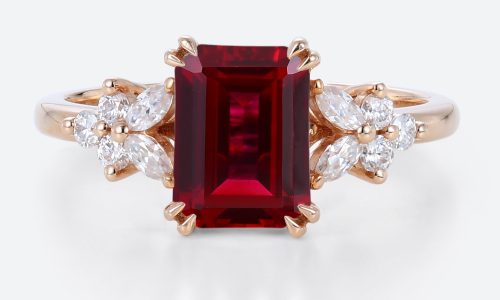 Emerald Cut Lab Ruby Cluster Engagement Ring Floral Inspired Bridal Ring in Rose Gold