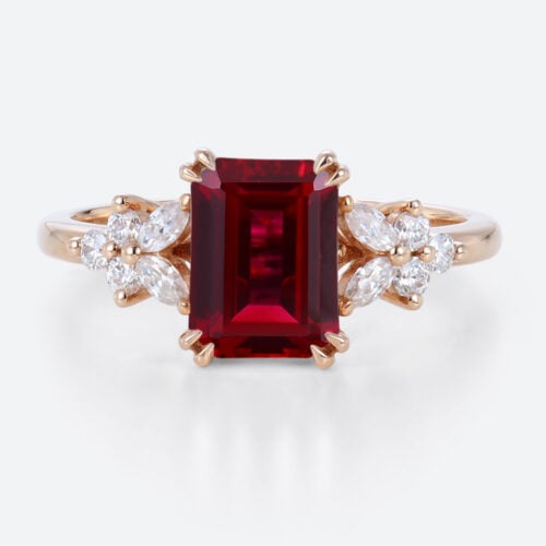 Emerald Cut Lab Ruby Cluster Engagement Ring Floral Inspired Bridal Ring in Rose Gold