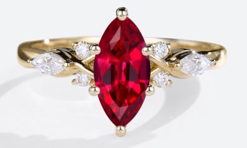Marquise Cut Lab Ruby Ring 1ct Cluster Elegant Engagement Ring in Yellow Gold