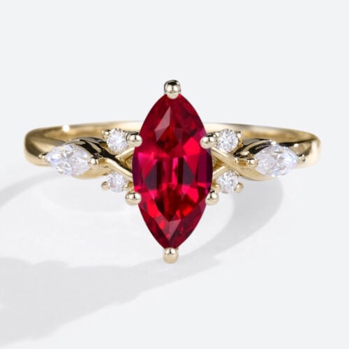 Marquise Cut Lab Ruby Ring 1ct Cluster Elegant Engagement Ring in Yellow Gold