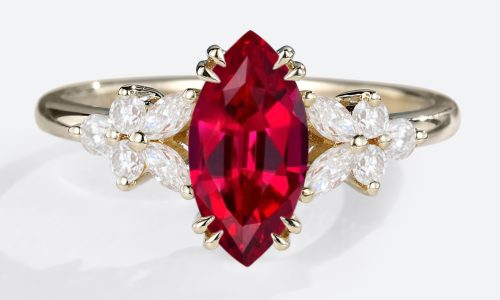 Yellow Gold 1ct Lab Grown Ruby Ring Marquise Cut Floral-Inspired Design