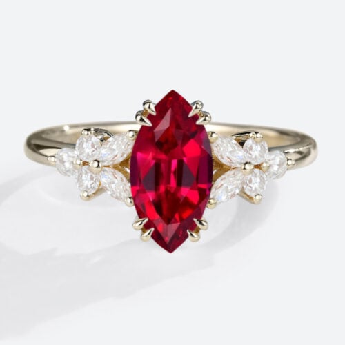 Yellow Gold 1ct Lab Grown Ruby Ring Marquise Cut Floral-Inspired Design