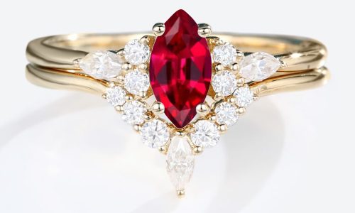 0.5ct Marquise Cut Lab Ruby Ring Set with Curved Wedding Bands in Yellow Gold