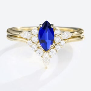 Holiday Proposal Marquise Cut Lab Sapphire Rings Set with Curved Wedding Band in Yellow Gold
