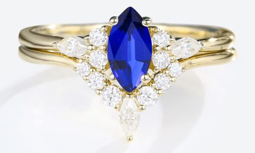Marquise Cut Lab Sapphire Rings Set with Curved Wedding Band in Yellow Gold