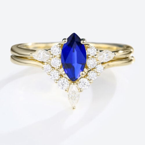 Marquise Cut Lab Sapphire Rings Set with Curved Wedding Band in Yellow Gold