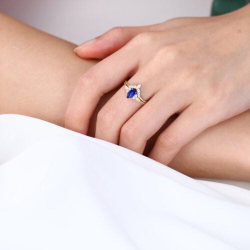 Marquise Cut Lab Sapphire Rings Set with Curved Wedding Band in Yellow Gold