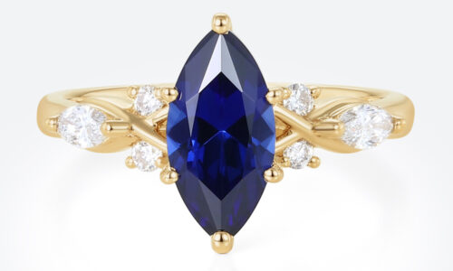 Marquise Cut Lab Sapphire Rings 1ct Cluster Engagement Ring with Modern Touches in Yellow Gold