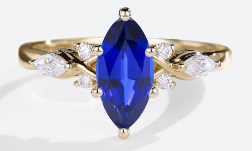 Marquise Cut Lab Sapphire Rings 1ct Cluster Engagement Ring with Modern Touches in Yellow Gold