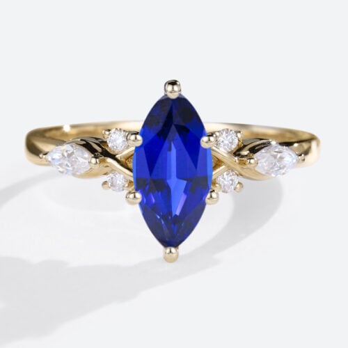 Marquise Cut Lab Sapphire Rings 1ct Cluster Engagement Ring with Modern Touches in Yellow Gold