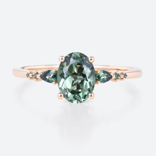 1.5ct Oval Cut Green Sapphire​ rings Classic Engagement Ring with Green Blue Sapphire Side Accents