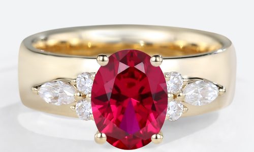 1.3ct Lab Grown Ruby Ring Oval Ruby Wide Band Engagement Rings in Yellow Gold