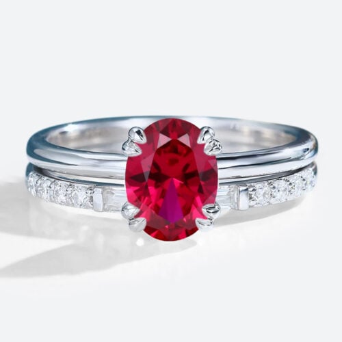 1.4CT Solitaire Ruby Engagement Rings with Straight Stacking Band Set in White Gold