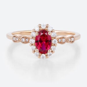 0.6ct Oval Cut Lab Ruby Ring Vintage Halo Dismond Engagement Ring in Rose Gold