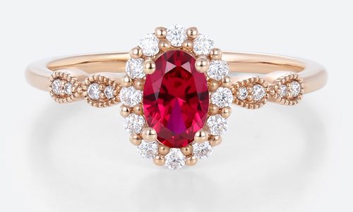 0.6ct Oval Cut Lab Ruby Ring Vintage Halo Dismond Engagement Ring in Rose Gold