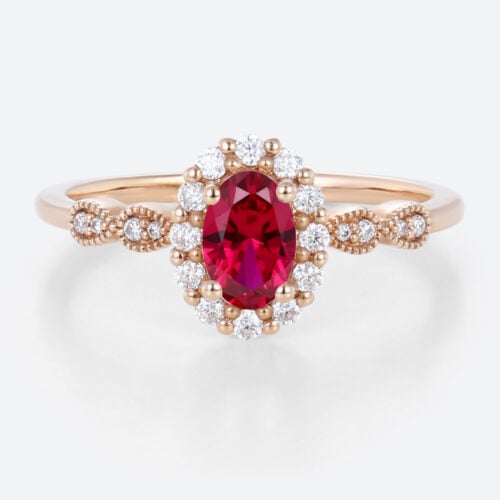 0.6ct Oval Cut Lab Ruby Ring Vintage Halo Dismond Engagement Ring in Rose Gold