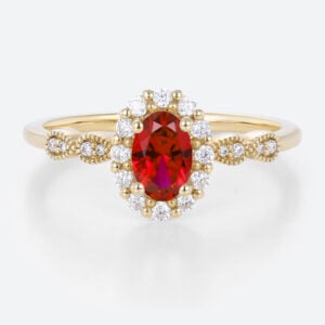 0.6ct Oval Cut Lab Ruby Ring Vintage Halo Dismond Engagement Ring in Yellow Gold