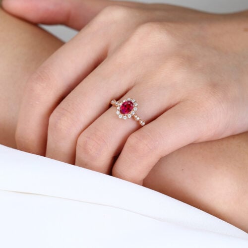 0.6ct Oval Cut Lab Ruby Ring Vintage Halo Dismond Engagement Ring in Rose Gold
