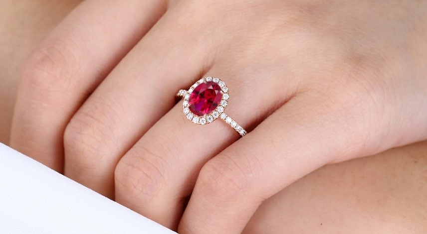 Oval Cut Lab Ruby Halo Engagement Rings with Claw-Prong Setting in Rose Gold (2) 1.4ct Lab Ruby Diamond Ring Claw-Prong Halo Engagement Rings in Rose Gold
