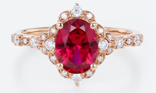 1.4ct Lab Ruby Engagement Rings Oval Cut Lab Ruby Vintage Ring with Edwardian Style in Rose Gold