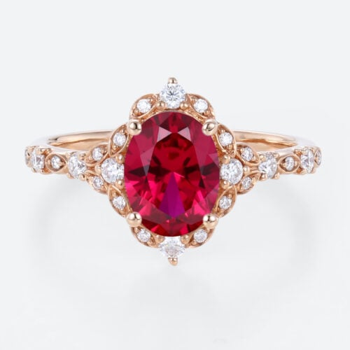 1.4ct Lab Ruby Engagement Rings Oval Cut Lab Ruby Vintage Ring with Edwardian Style in Rose Gold