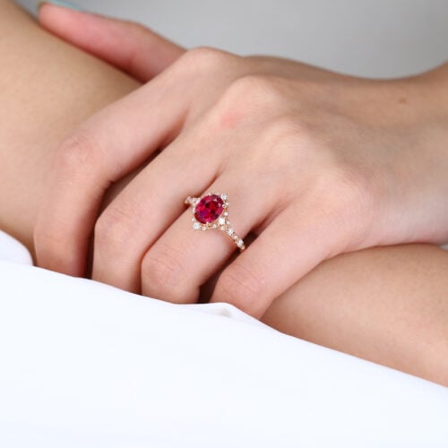 1.4ct Lab Ruby Engagement Rings Oval Cut Lab Ruby Vintage Ring with Edwardian Style in Rose Gold