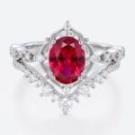 Oval Cut Lab Ruby Wedding Rings Set with Curved Stacking Band White Gold Vintage-Inspired Bridal Ring Set