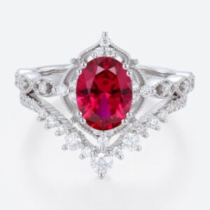 Oval Cut Lab Ruby Wedding Rings Set with Curved Stacking Band White Gold Vintage-Inspired Bridal Ring Set