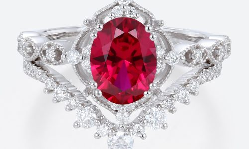 Oval Cut Lab Ruby Wedding Rings Set with Curved Stacking Band White Gold Vintage-Inspired Bridal Ring Set
