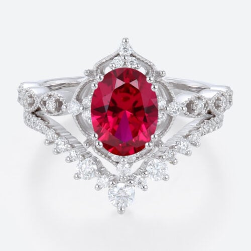 Oval Cut Lab Ruby Wedding Rings Set with Curved Stacking Band White Gold Vintage-Inspired Bridal Ring Set